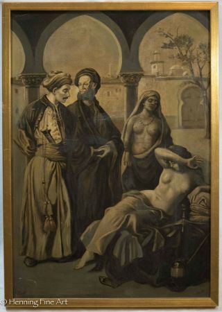 Antique Orientalist Oil Painting Of Men And Harem,  Nude Female,  Unsigned & Fine