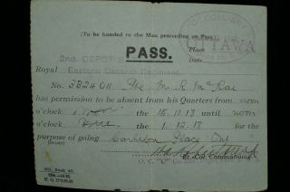 Ww1 Canadian Cef Military Pass For Rm Rae 1918
