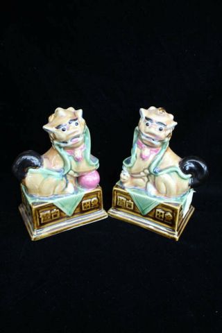 1 Pair Vintage Ceramic Green Majolica Foo Dogs