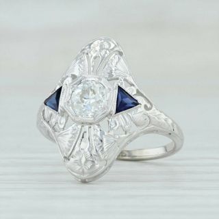 Art Deco Synthetic Sapphire & Diamond Ring - 18k White Gold Size 5.  25 Floral