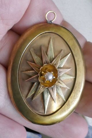 Antique 14k Multi - Tone Gold Morning Locket / Brooch Starburst With Pearl Design