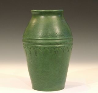 Wheatley Pottery Matt Green Arts & Crafts Antique Leathery Silvery Vase 10 "