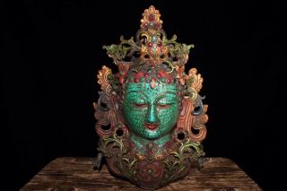 Chinese Antique Tibetan Buddhist Hand - Set Gemstones Green Tara Mask