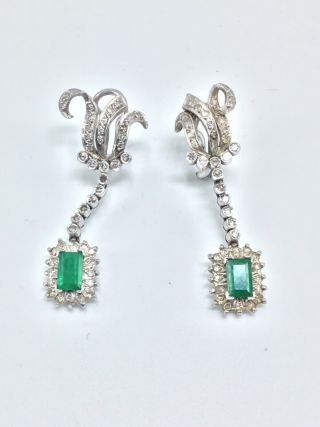 Vintage Antique Art Deco Natural Emerald 90 Diamonds Filigree Palladium Earrings