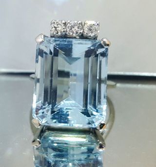 Vintage 14k White Gold Ring 18.  60ct.  Natural Gem Aquamarine Emerald Shape