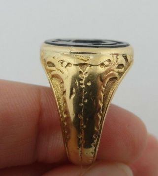 Antique Unisex Men Signet Intaglio Latin Scottish Ring Solid 18K Gold Oynx 9.  75 10