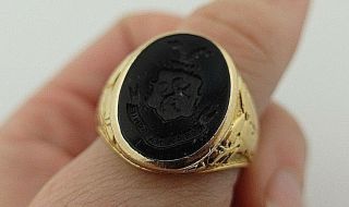 Antique Unisex Men Signet Intaglio Latin Scottish Ring Solid 18K Gold Oynx 9.  75 7