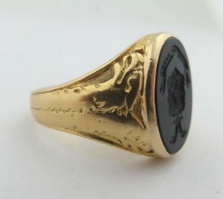 Antique Unisex Men Signet Intaglio Latin Scottish Ring Solid 18K Gold Oynx 9.  75 8