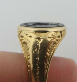 Antique Unisex Men Signet Intaglio Latin Scottish Ring Solid 18K Gold Oynx 9.  75 9