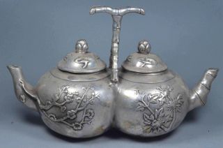 Auspicious China Collectable Old Miao Silver Carve Flower Lotus Twin Tea Pot