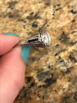Art Deco 18k White Gold Woman’s Diamond and Sapphire Ring, .  70 cttw,  Size 6,  4g 5