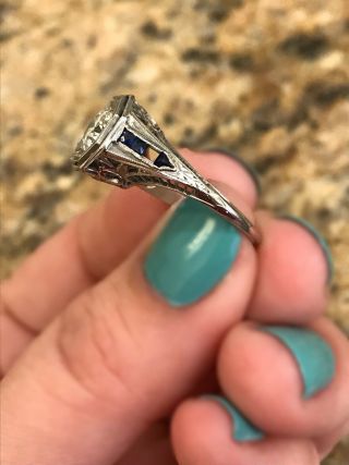 Art Deco 18k White Gold Woman’s Diamond and Sapphire Ring, .  70 cttw,  Size 6,  4g 6