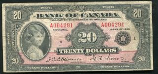 Bc - 9a 1935 $20 Twenty Dollars Bank Of Canada “english” Banknote F/vf Rare