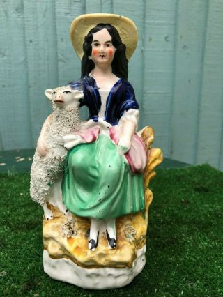 Mid 19thc Staffordshire Seated Female Figure With A Sheep To Side C1860s