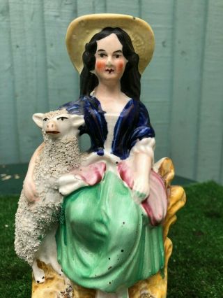 MID 19thC STAFFORDSHIRE SEATED FEMALE FIGURE WITH A SHEEP TO SIDE c1860s 2