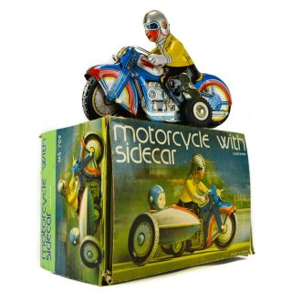 Vintage Tin Motorcycle Sidecar Wind - Up Toy Clockwork Litho Metal Lithograph