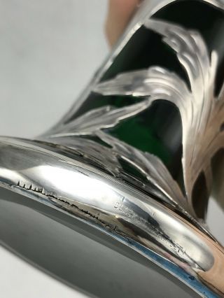 Alvin Emerald Green Glass.  999 Silver Overlay Vase G3378 Antique Art Nouveau 10