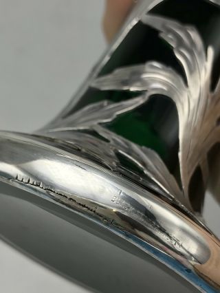 Alvin Emerald Green Glass.  999 Silver Overlay Vase G3378 Antique Art Nouveau 11