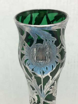 Alvin Emerald Green Glass.  999 Silver Overlay Vase G3378 Antique Art Nouveau 2