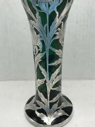 Alvin Emerald Green Glass.  999 Silver Overlay Vase G3378 Antique Art Nouveau 3