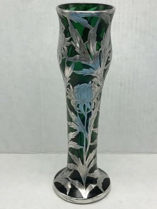 Alvin Emerald Green Glass.  999 Silver Overlay Vase G3378 Antique Art Nouveau 4