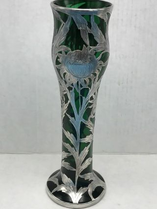 Alvin Emerald Green Glass.  999 Silver Overlay Vase G3378 Antique Art Nouveau 5