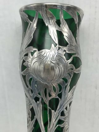 Alvin Emerald Green Glass.  999 Silver Overlay Vase G3378 Antique Art Nouveau 6