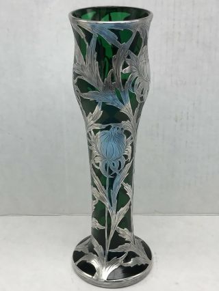 Alvin Emerald Green Glass.  999 Silver Overlay Vase G3378 Antique Art Nouveau 7