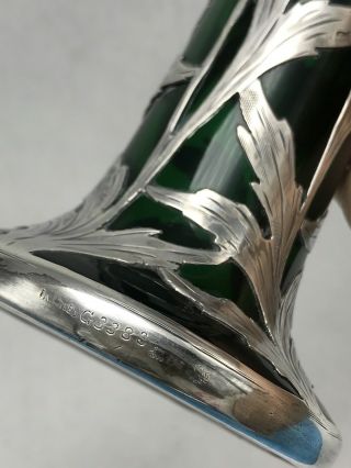 Alvin Emerald Green Glass.  999 Silver Overlay Vase G3378 Antique Art Nouveau 8