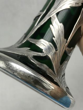 Alvin Emerald Green Glass.  999 Silver Overlay Vase G3378 Antique Art Nouveau 9