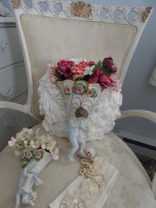 Vintage German Porcelain Rose Wall Pocket Sconce W/ Bonus Wall Pocket & Flowers