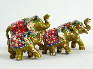 Vintage Herd Of Hand Painted Carved Wood Indian Elephants Trunk Up Good Luck