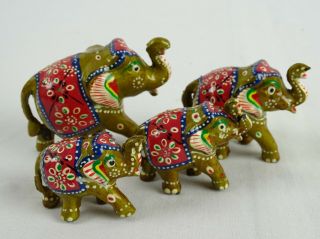 Vintage Herd of Hand Painted Carved Wood Indian Elephants Trunk Up Good Luck 3