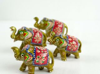 Vintage Herd of Hand Painted Carved Wood Indian Elephants Trunk Up Good Luck 5