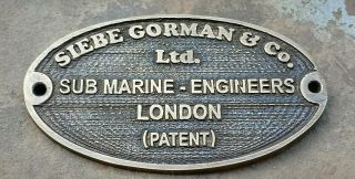 Vintage Solid Brass Siebe Gorman Sub Marine - Engineers Diving Helmet Name Plate