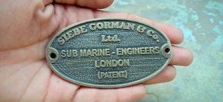 Vintage Solid Brass Siebe Gorman Sub Marine - Engineers Diving Helmet Name Plate 4
