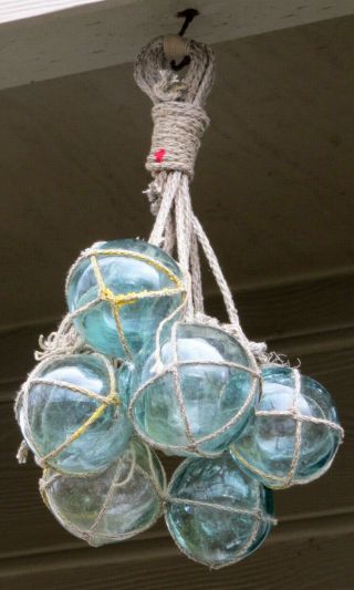 Japanese Fishing Floats (7) Netted Glass Hanging Authentic Pool Tiki Decor