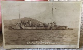 1918 World War I Uss Stevens (dd - 86) Destroyer Us Navy Ship On The Water Rppc