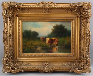 1pthc Antique J.  Stanley Platt American Country Cow Landscape Oil Painting Frame
