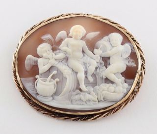 Large Antique Victorian 9ct Gold Carved Cameo Brooch Of Cherubs / Cherub