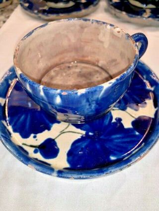 Set Of 12 Vintage Mexican Clay Pottery Blue Glazed Cups And Saucers 1930 