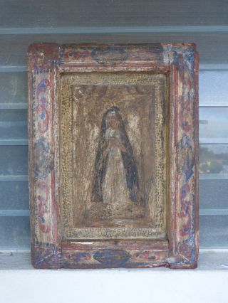 Large Antique Spiritual Mexican Wood Retablo Of The Blessed Virgin
