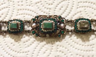 1867 Edwardian Handmade.  800 Silver Austrian Hallmarked Emerald & Pearl Bracelet