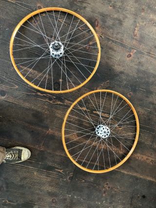 Antique Schwinn Prewar 28” Paramount Track Wheels Wood Phone Dial Hubs Nu Tires