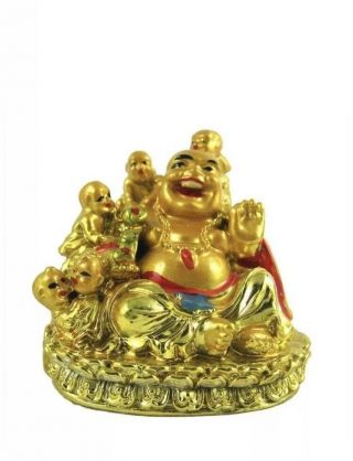 Vintage Chinese Happy Laughing Buddha Sitting With 5 Children