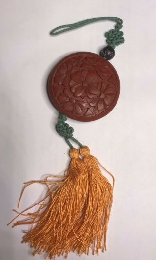 Vintage Chinese Carved Red Cinnabar Round Pendant On Mystic Knot Cord With Lustr