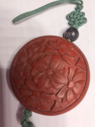 Vintage Chinese Carved Red Cinnabar Round Pendant on Mystic Knot Cord with Lustr 2