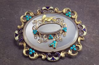 Antique Victorian English Gold Chalcedony Turquoise Enamel Locket Brooch C1860