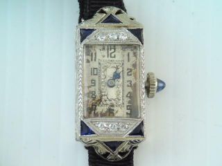 Antique Art Deco Solid Platinum & 18k White Gold Diamond & Blue Sapphire Watch