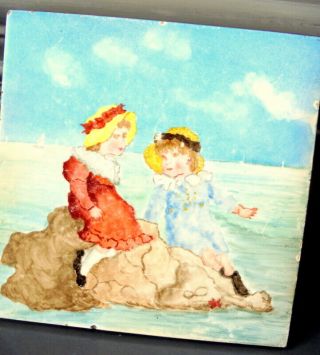 Minton Hollins & Co Hand Colored Children At Beach Tile 1890 